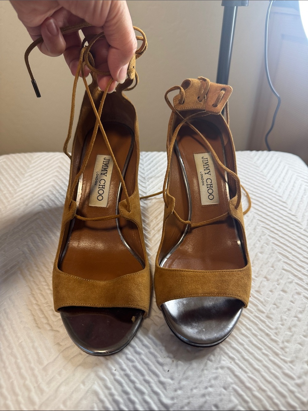 Jimmy Choo Tan Suede Lace-Up Platform Peep Toe Heels